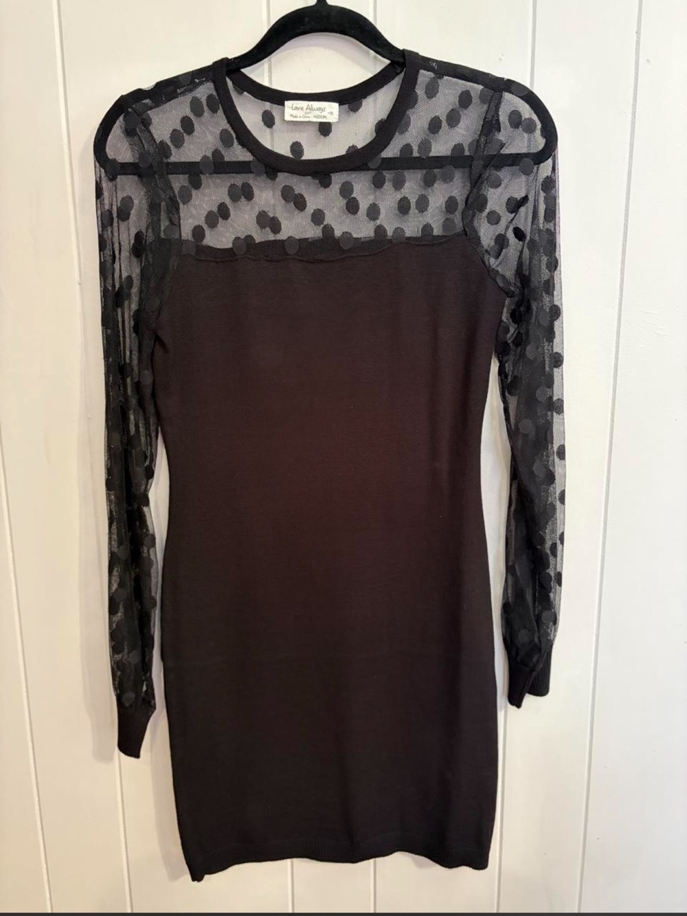 Lace & Knit Black Polka-Dot Yoke Long-Sleeve Dress